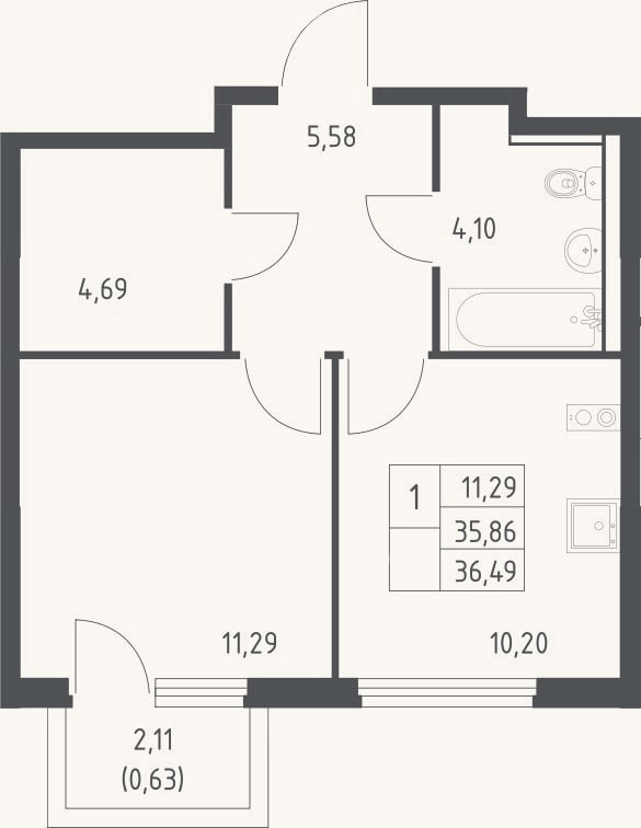 Планировка: 1-к, 35,9 м²