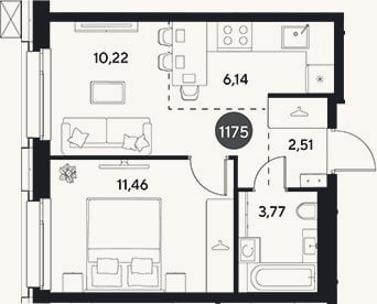 Планировка: 2-к, 34,1 м²