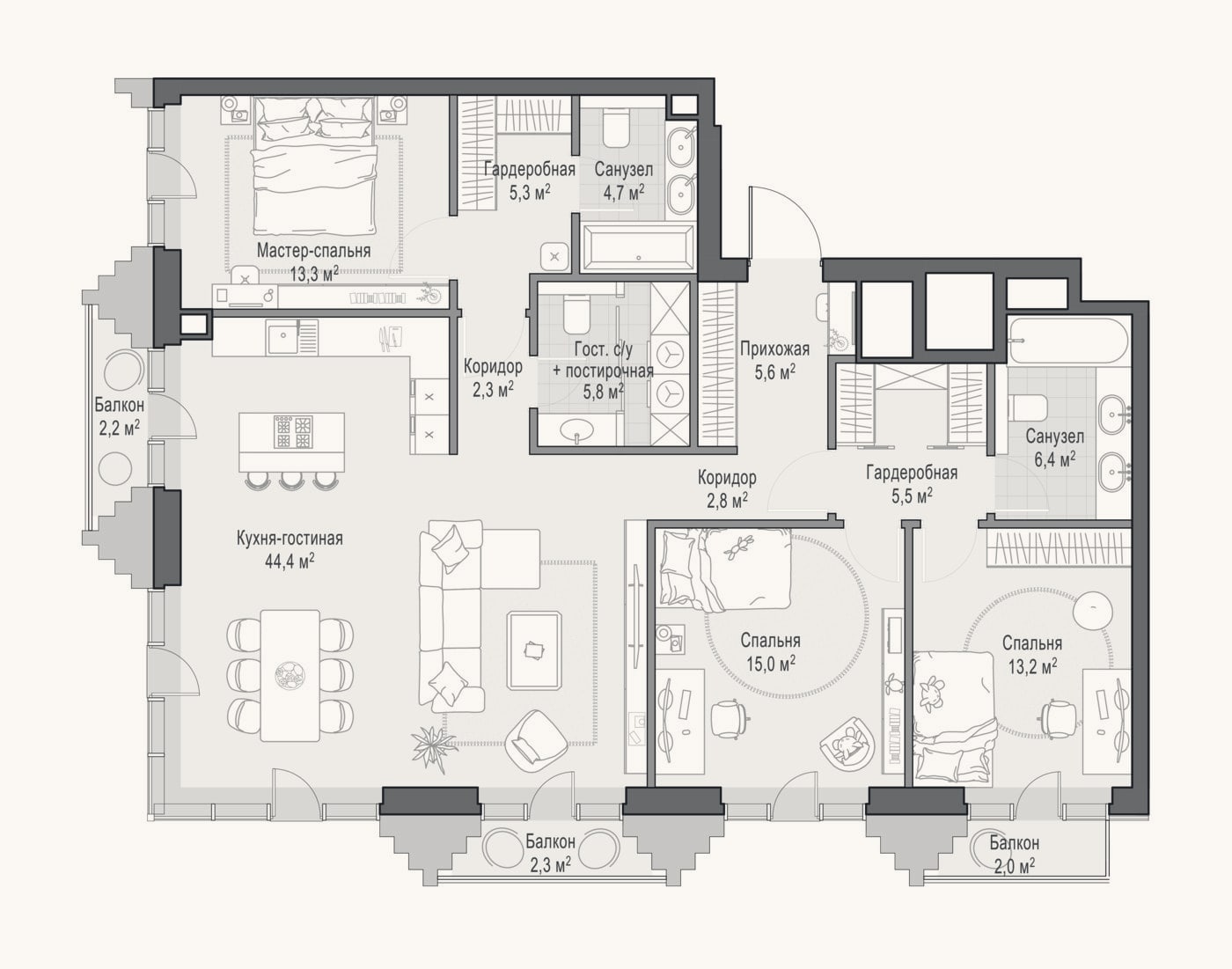 Планировка: 4+ к, 124,1 м²