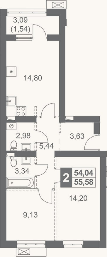 Планировка: 2-к, 54 м²