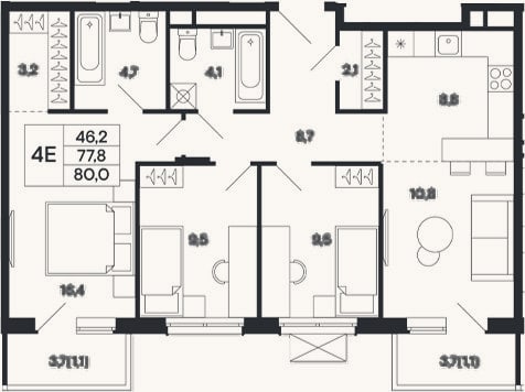 Планировка: 4+ к, 77,8 м²