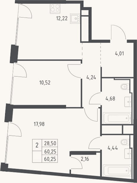 Планировка: 2-к, 60,3 м²
