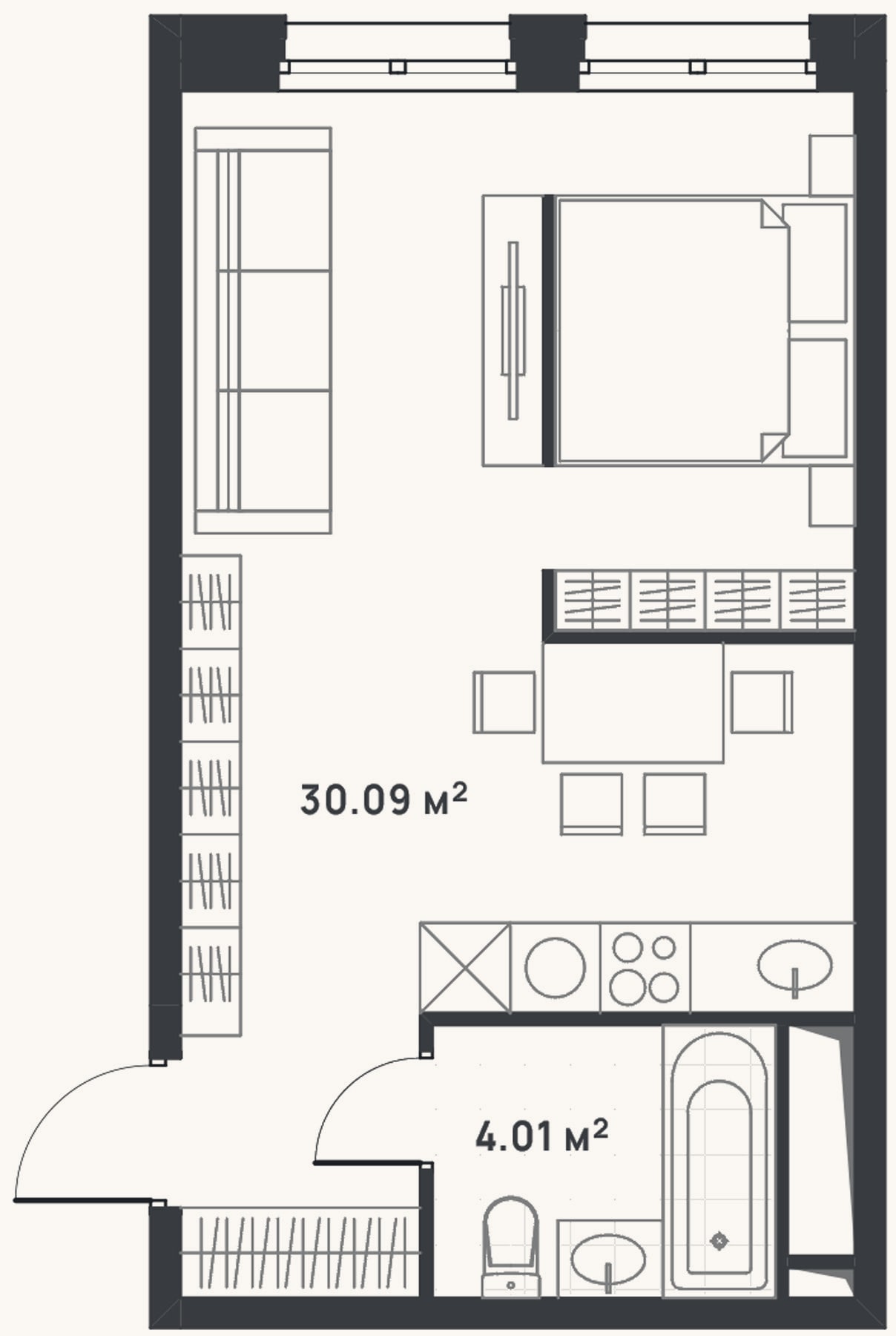 Планировка: Студия, 34,1 м²