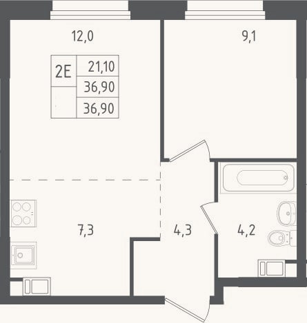 Планировка: 2-к, 36,9 м²