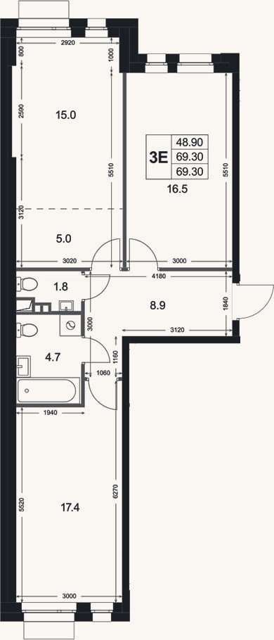 Планировка: 3-к, 69,3 м²