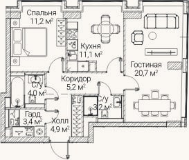 Планировка: 2-к, 63,7 м²