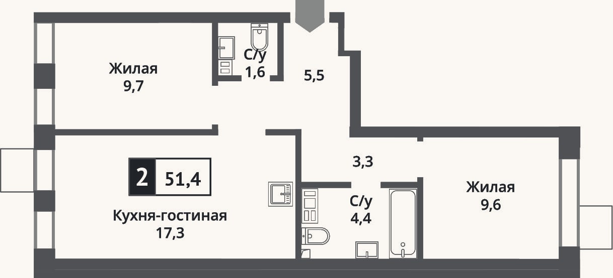 Планировка: 3-к, 51,4 м²