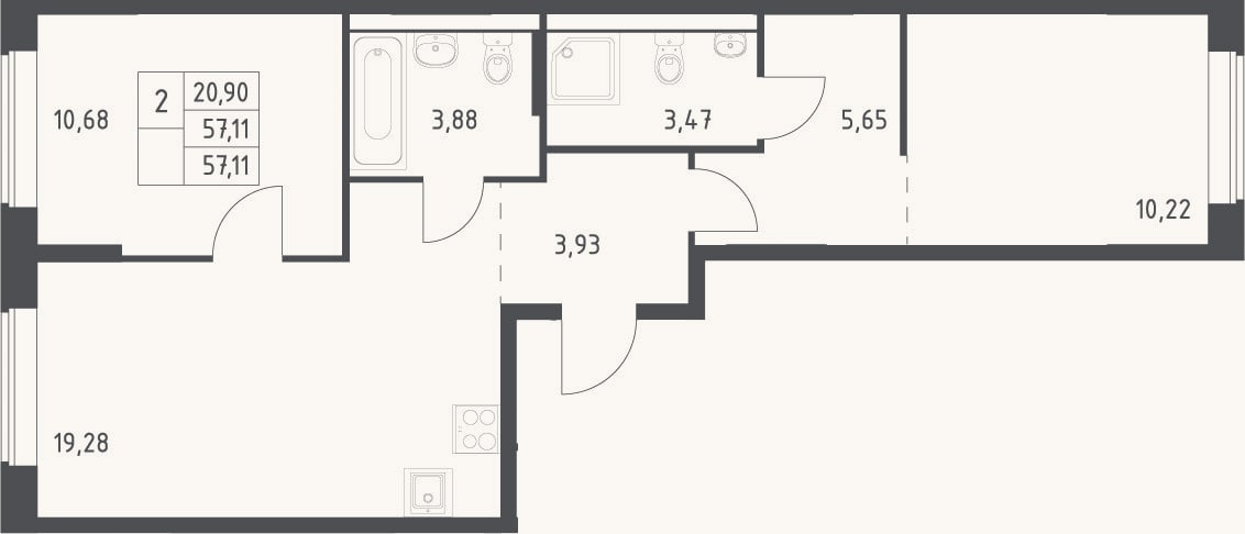 Планировка: 3-к, 57,1 м²