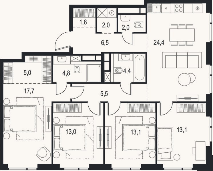 Планировка: 4+ к, 113,3 м²