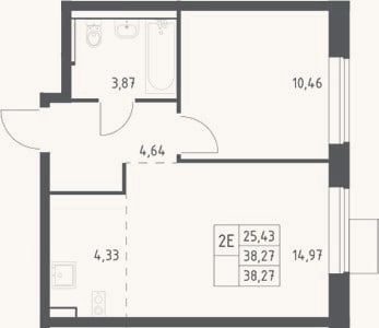 Планировка: 2-к, 38,3 м²