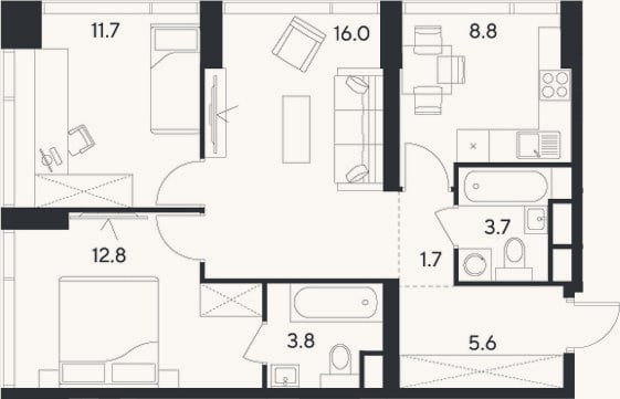 Планировка: 3-к, 64,1 м²