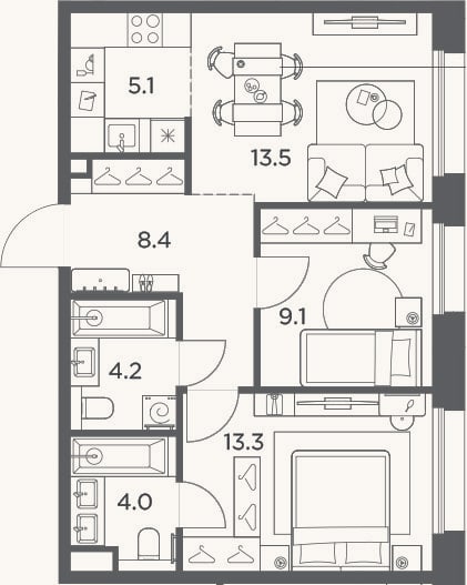 Планировка: 3-к, 57,6 м²
