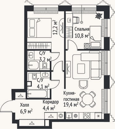 Планировка: 3-к, 61 м²