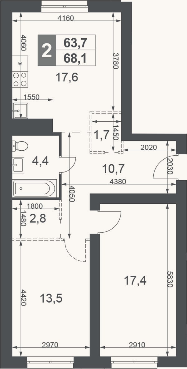Планировка: 3-к, 68,1 м²