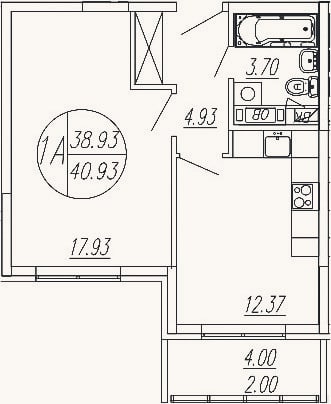 Планировка: 1-к, 38,9 м²