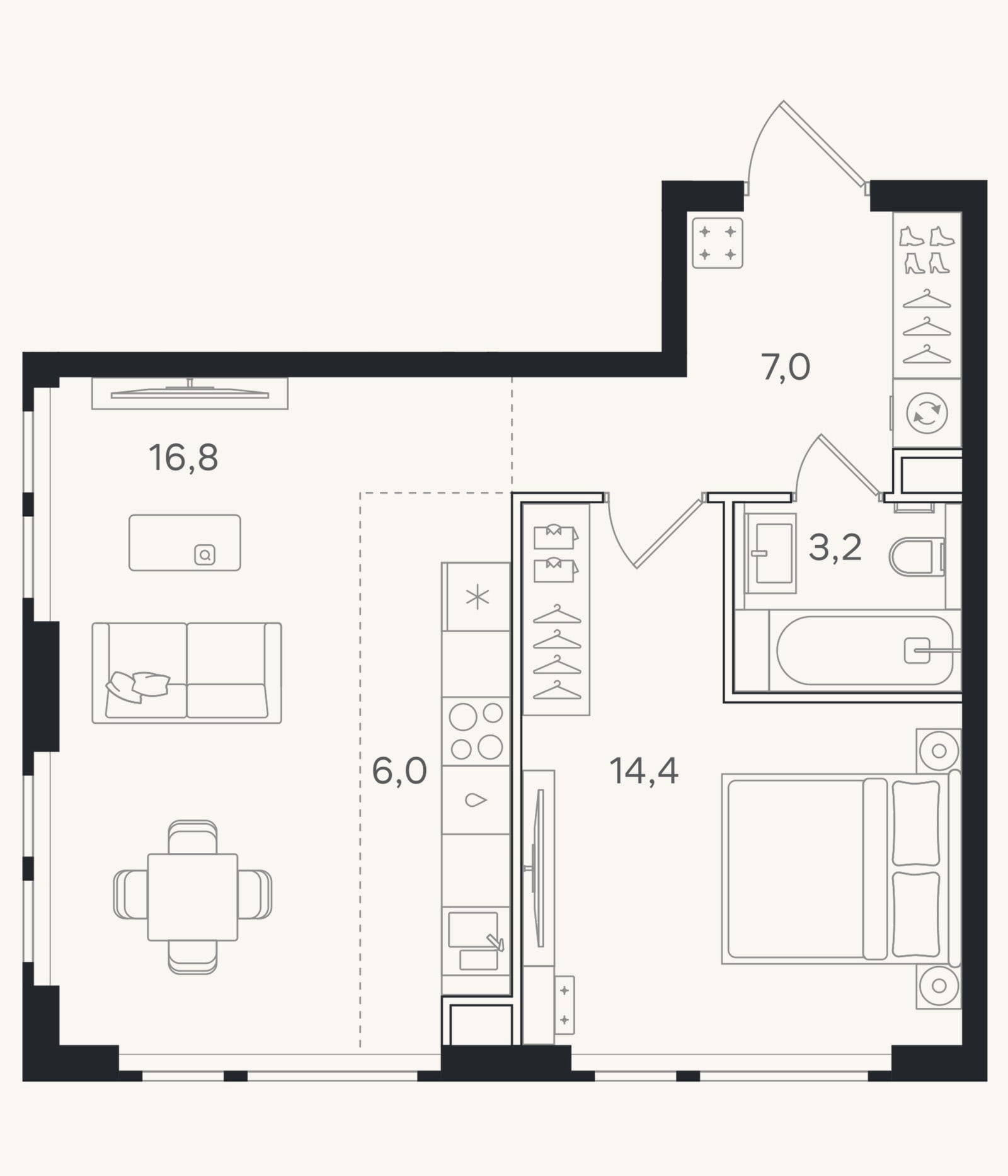 Планировка: 2-к, 47,4 м²
