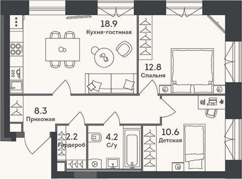 Планировка: 3-к, 57 м²