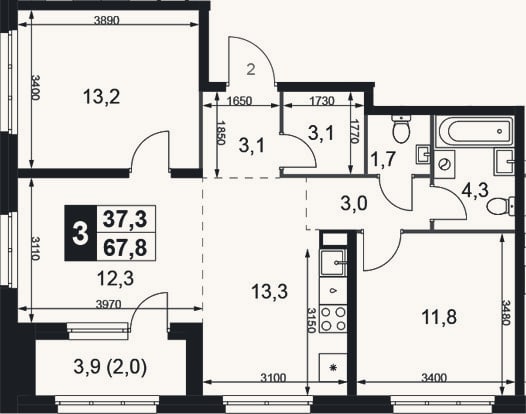 Планировка: 3-к, 65,8 м²