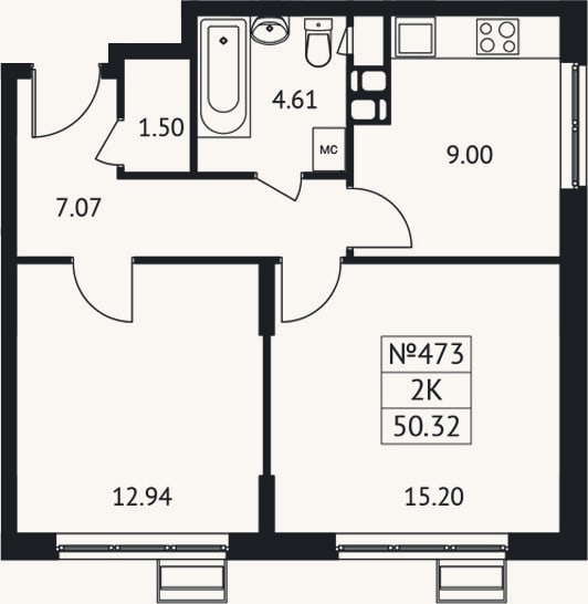 Планировка: 2-к, 50,3 м²
