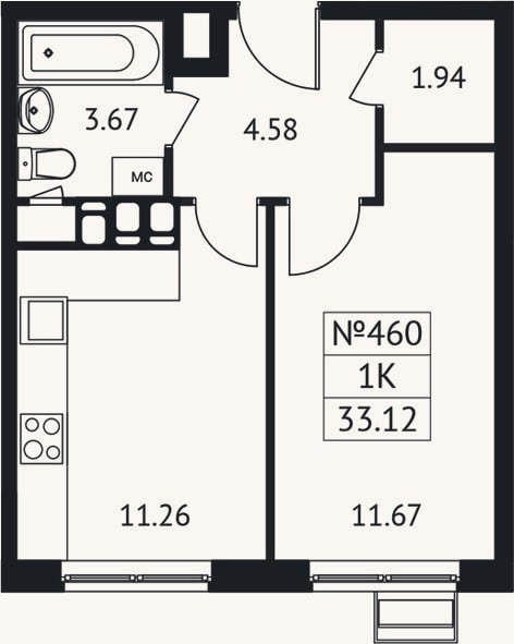 Планировка: 1-к, 33,1 м²