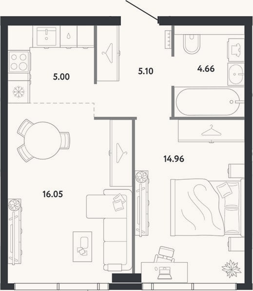 Планировка: 1-к, 44,1 м²
