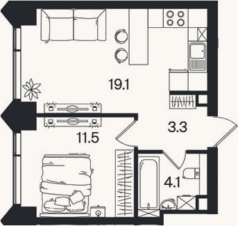 Планировка: 2-к, 38 м²