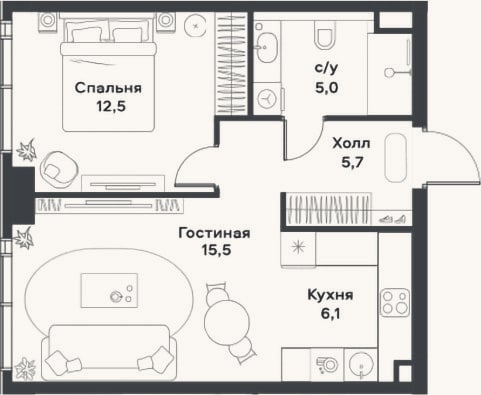 Планировка: 2-к, 44,8 м²