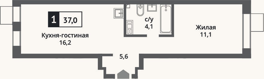 Планировка: 2-к, 37 м²
