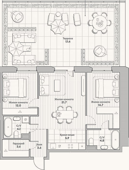 Планировка: 3-к, 70,4 м²
