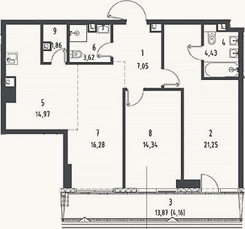 Планировка: 3-к, 85,2 м²