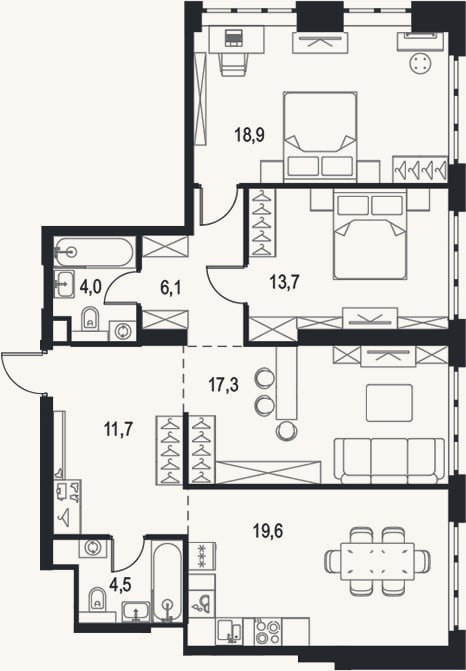 Планировка: 4+ к, 95,8 м²