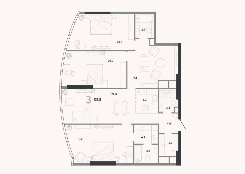Планировка: 4+ к, 131,8 м²