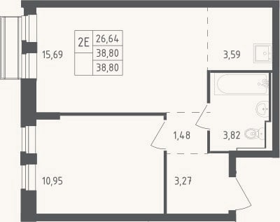 Планировка: 2-к, 38,8 м²