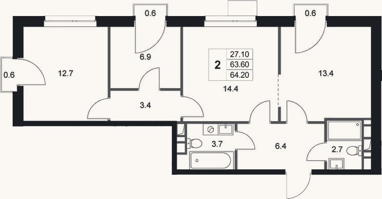 Планировка: 2-к, 63,6 м²