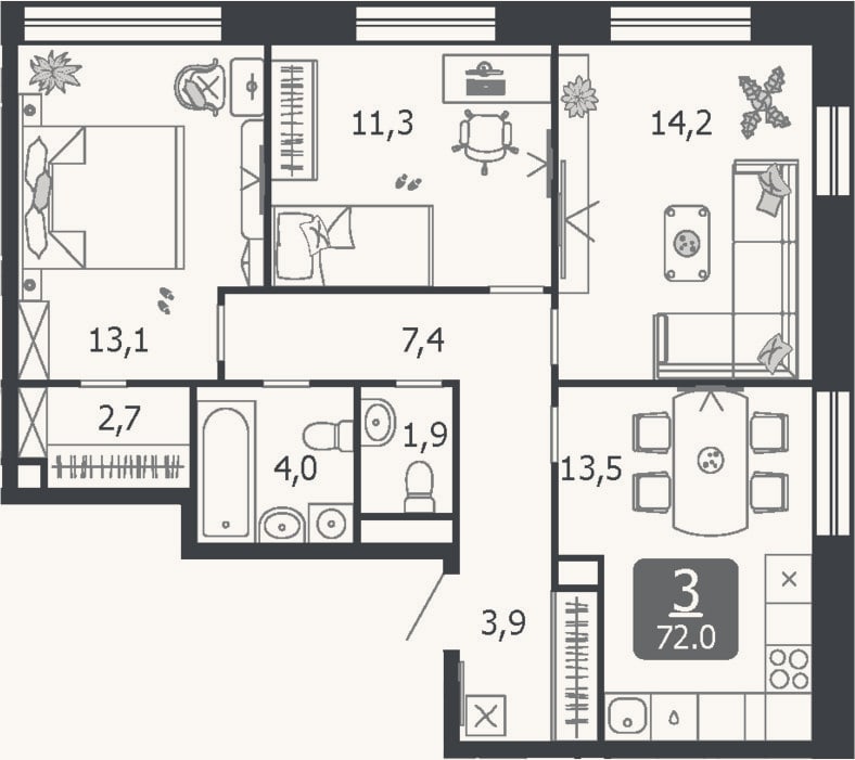 Планировка: 3-к, 72 м²