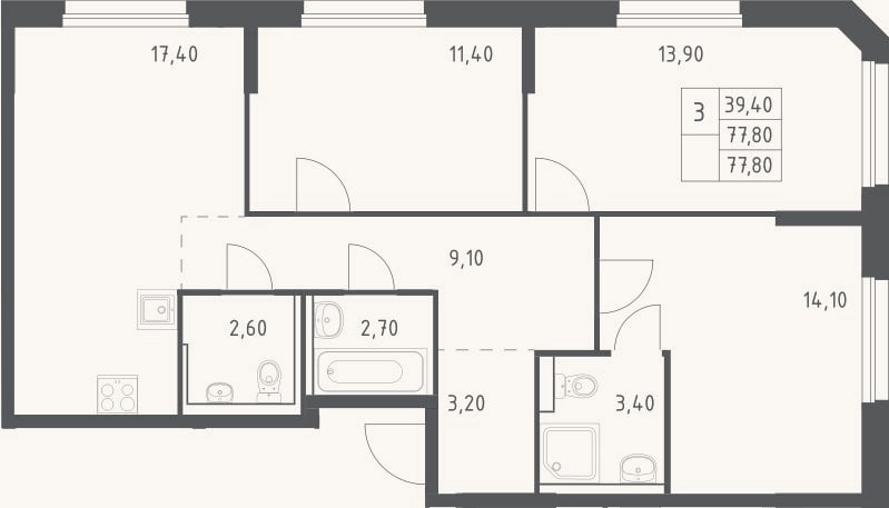 Планировка: 4+ к, 77,8 м²