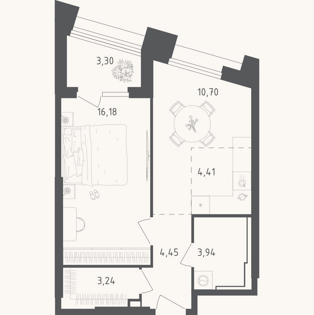 Планировка: 2-к, 42,9 м²