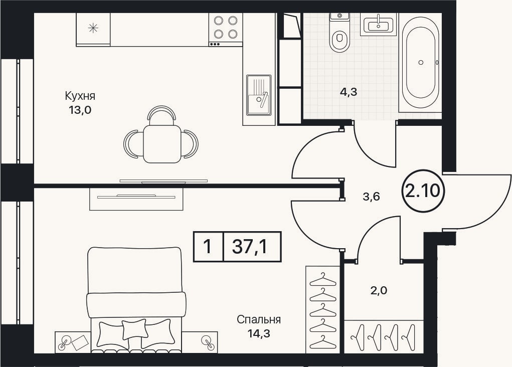 Планировка: 1-к, 37,1 м²