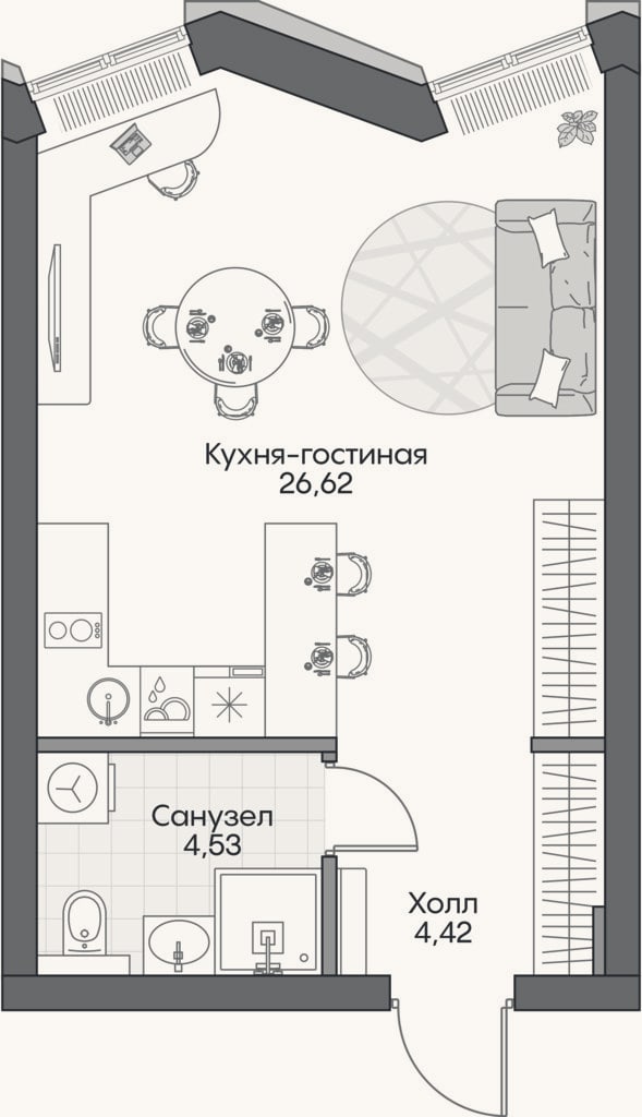 Планировка: Студия, 34,4 м²