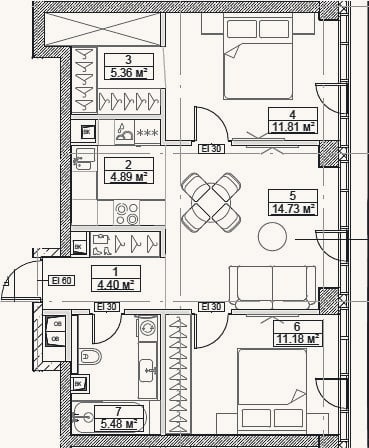 Планировка: 3-к, 57,9 м²