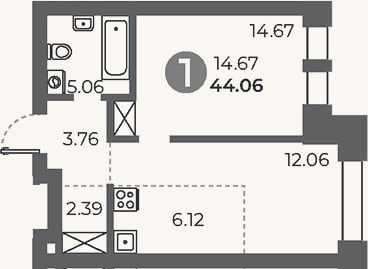 Планировка: 1-к, 44,1 м²