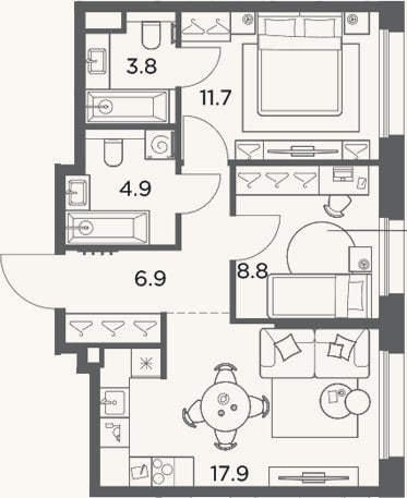 Планировка: 2-к, 54 м²