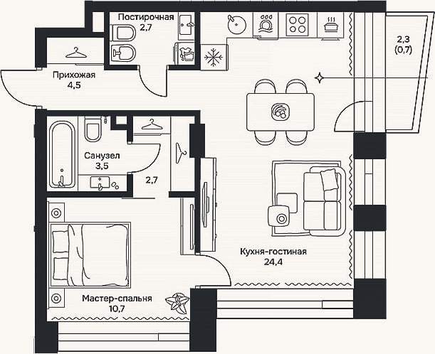Планировка: 2-к, 48,5 м²