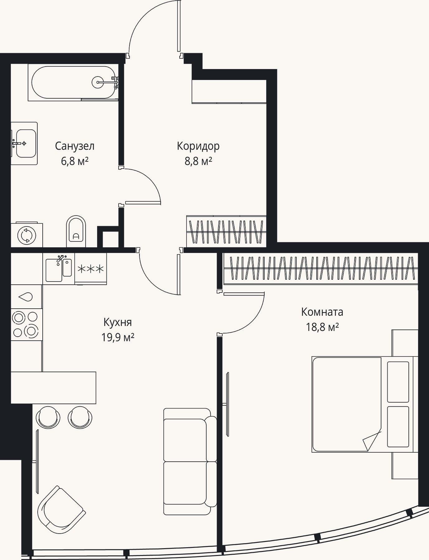 Планировка: 2-к, 54,3 м²