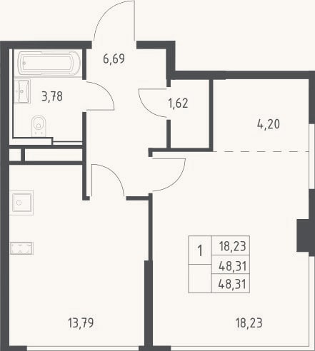 Планировка: 1-к, 48,3 м²