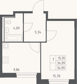 Планировка: 1-к, 35 м²