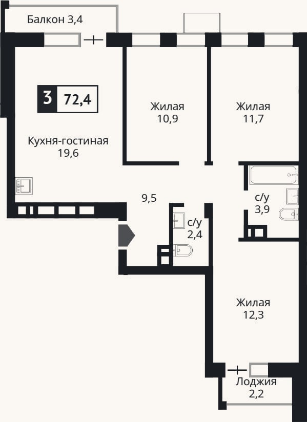 Планировка: 4+ к, 68,9 м²
