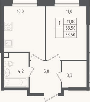Планировка: 1-к, 33,5 м²
