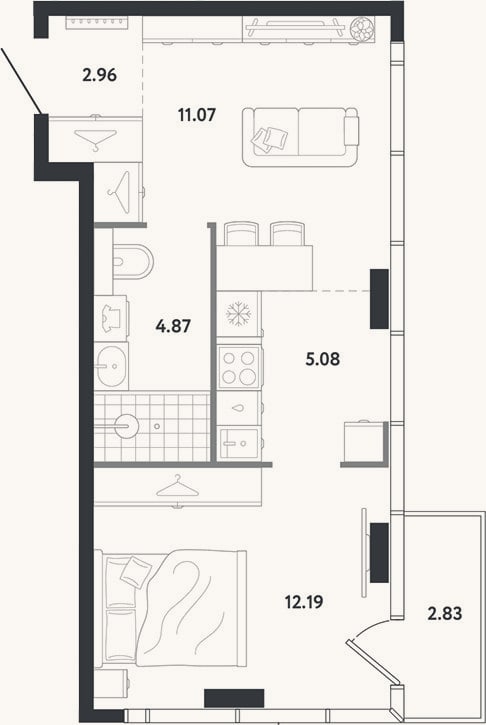 Планировка: 1-к, 36,2 м²