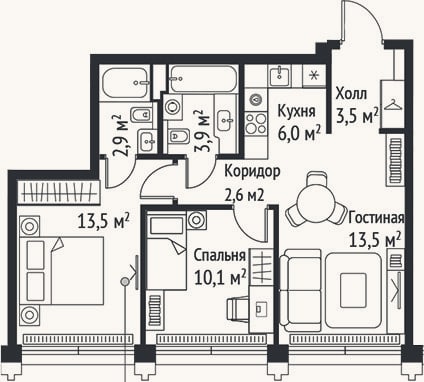 Планировка: 3-к, 56 м²